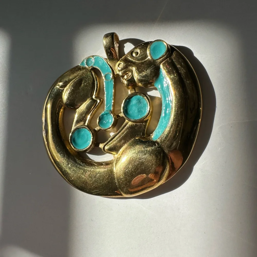 Rare Piece Scythian Gold Panther Pendant with Turquoise Accents Vintage Accent